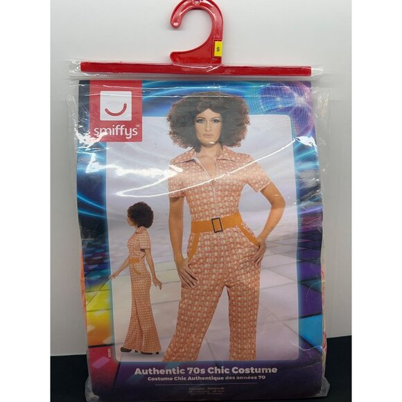 Authentic 70s Chic Costume Orange Jumpsuit Smiffys Retro Pattern Zip Closure Bel - Picture 2 of 8
